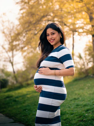 A smiling expectant woman wearing a striped dress outdoors in autumn light