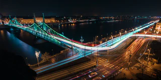 An Advent tram photographed with a long exposure in Budapest.