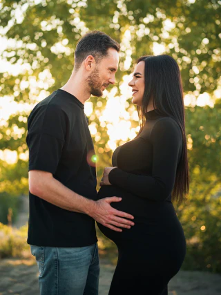 An expectant couple standing face to face outdoors at sunset