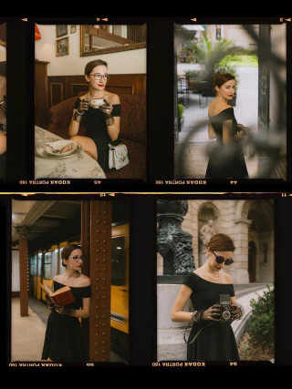 An elegant woman in a black dress shown in a four-frame film-strip collage at locations around Budapest